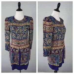 Vtg KC Spencer Blue Purple Shoulder Pad Metal Hook Clasp Floral Dress Size 6-8